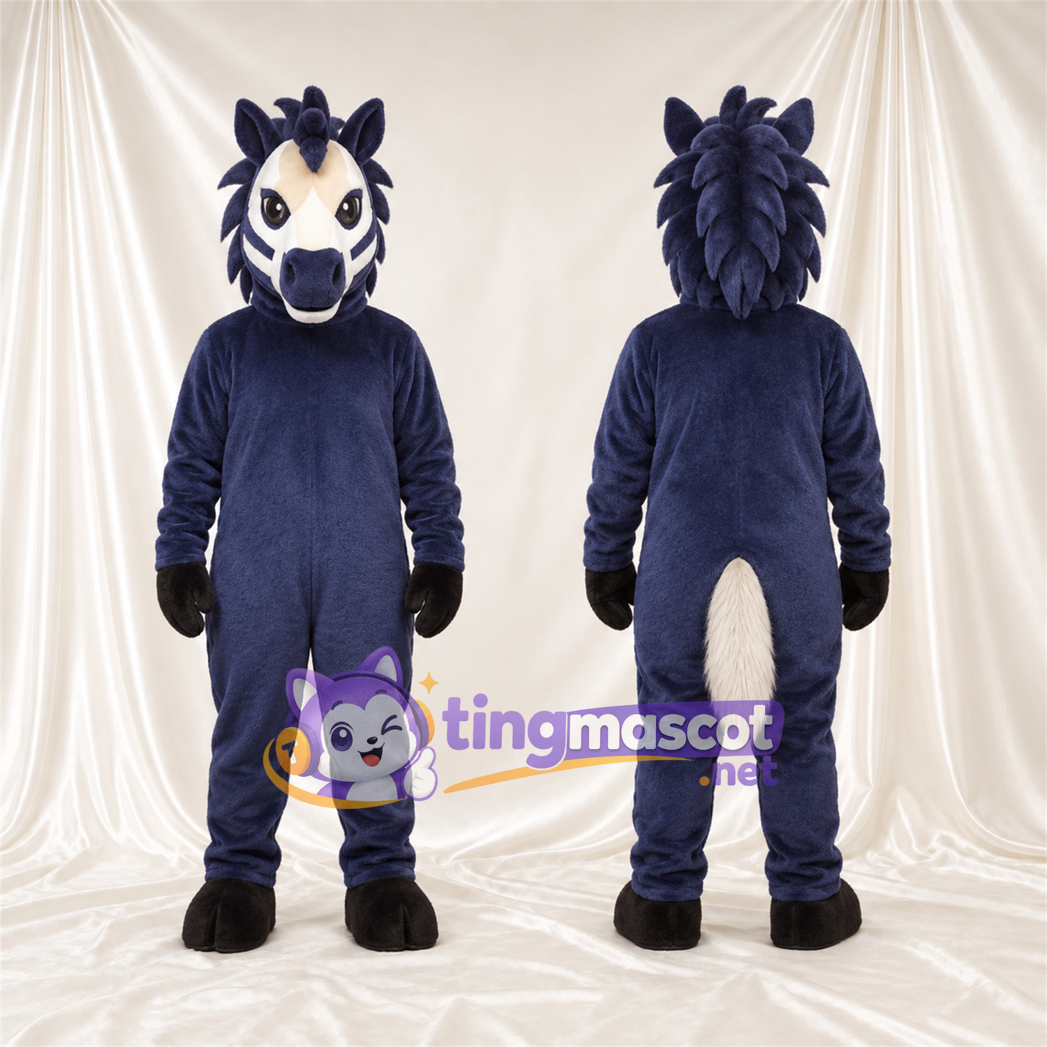 Costume de mascotte Cheval – bleu marine – Queue (blanc); Visage Costume de mascotte Cheval – bleu marine – Queue (blanc); Visage