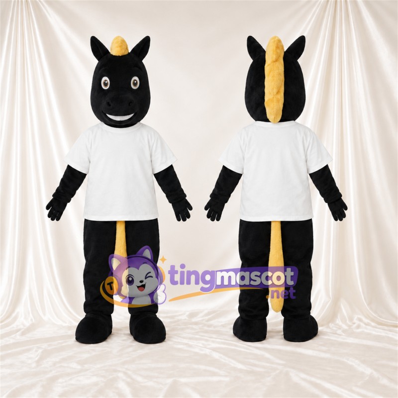 Costume de mascotte Cheval – noir – Chemise (blanc); Crinière (jaune)