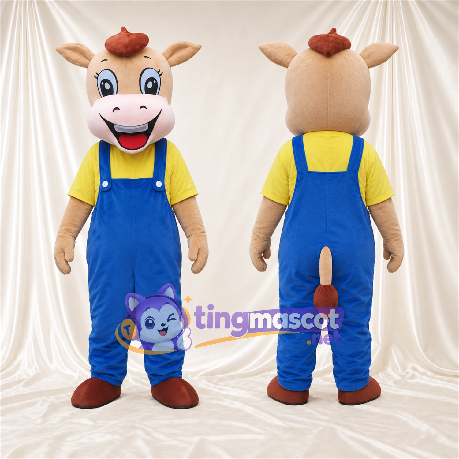 Costume de mascotte Vache – blanc – Chemise (jaune); Salopette (bleu) Costume de mascotte Vache – blanc – Chemise (jaune); Salopette (bleu)