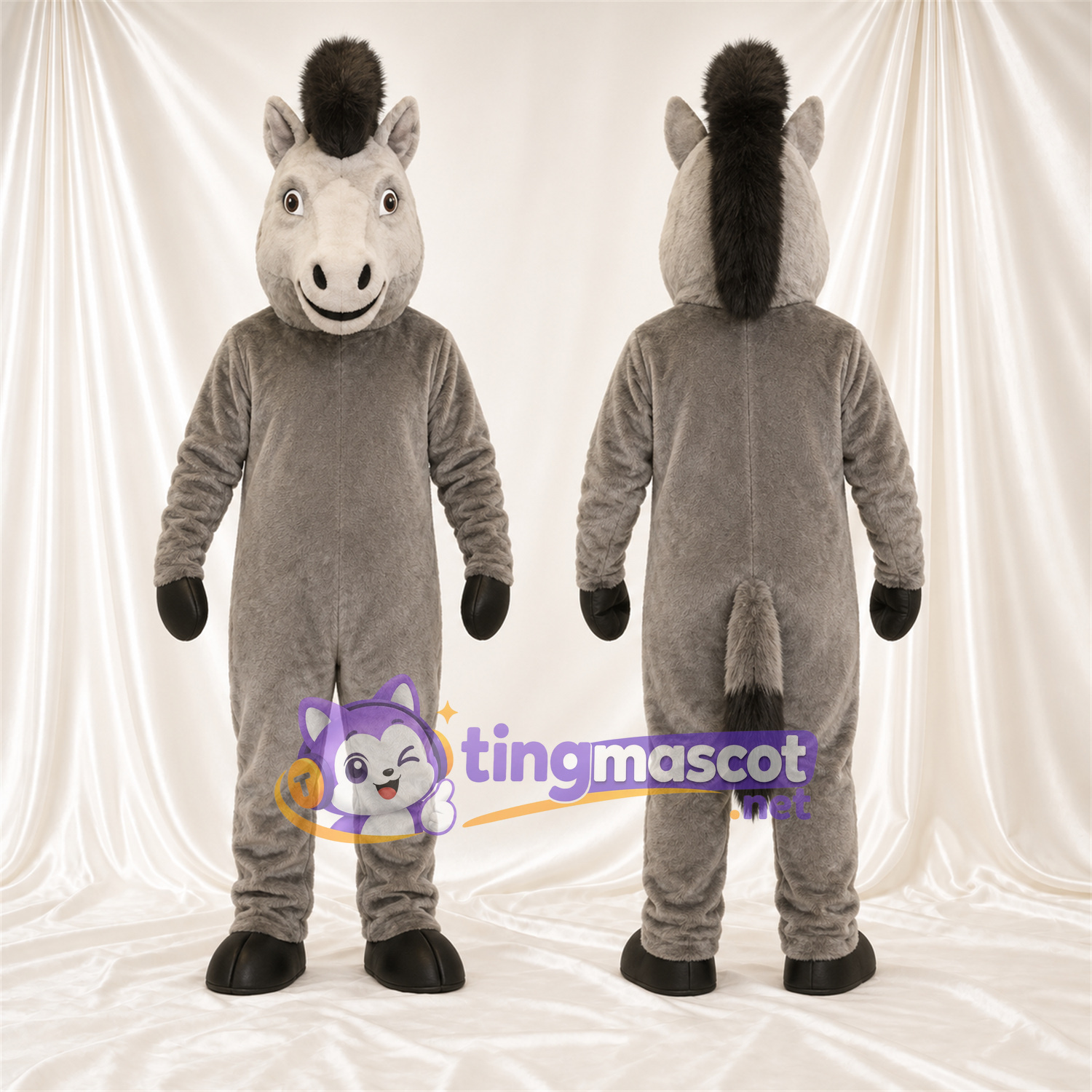 Costume de mascotte Cheval – gris – Crinière (noir) Costume de mascotte Cheval – gris – Crinière (noir)