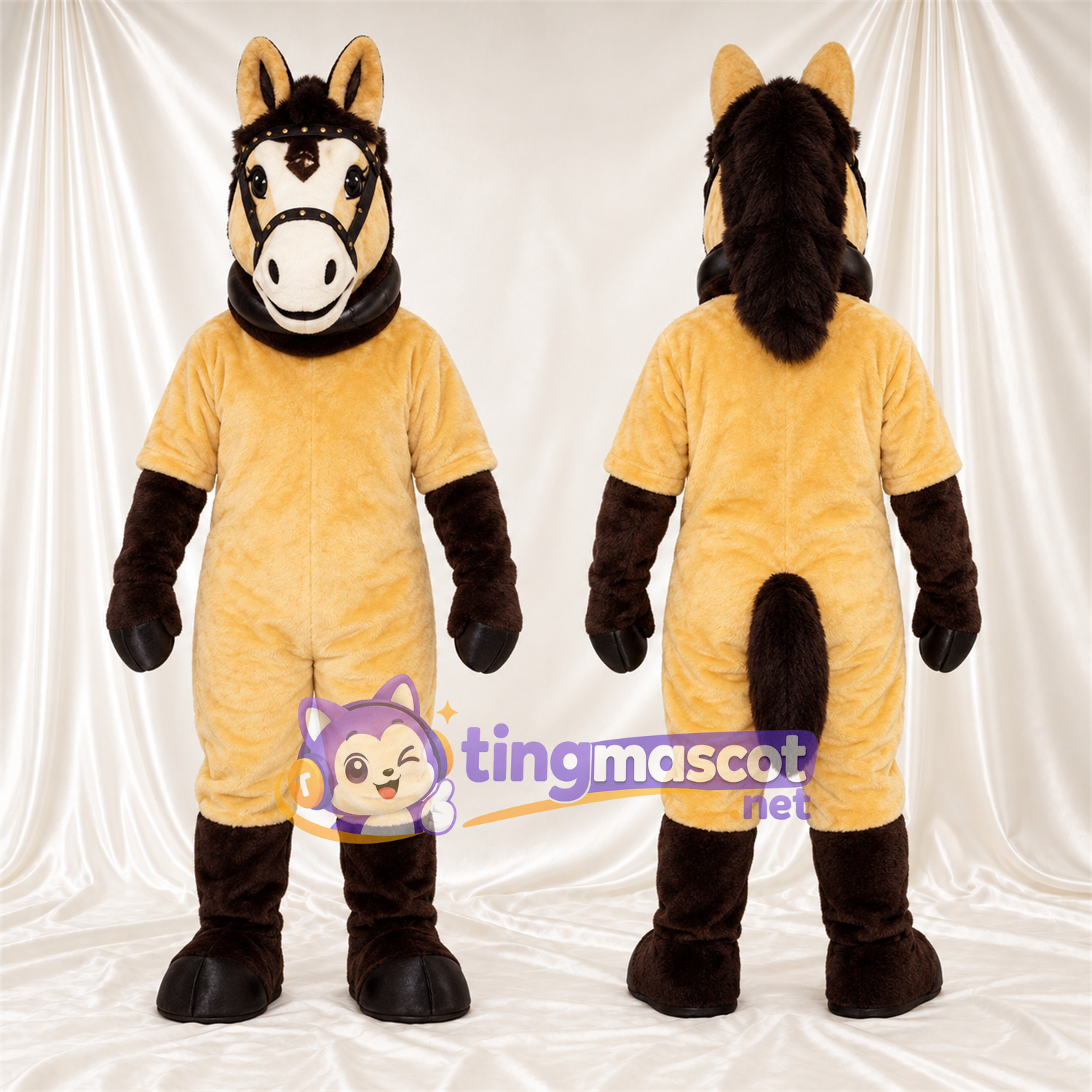 Costume de mascotte Cheval – jaune / noir – Crinière (noir); Bas des jambes Costume de mascotte Cheval – jaune / noir – Crinière (noir); Bas des jambes