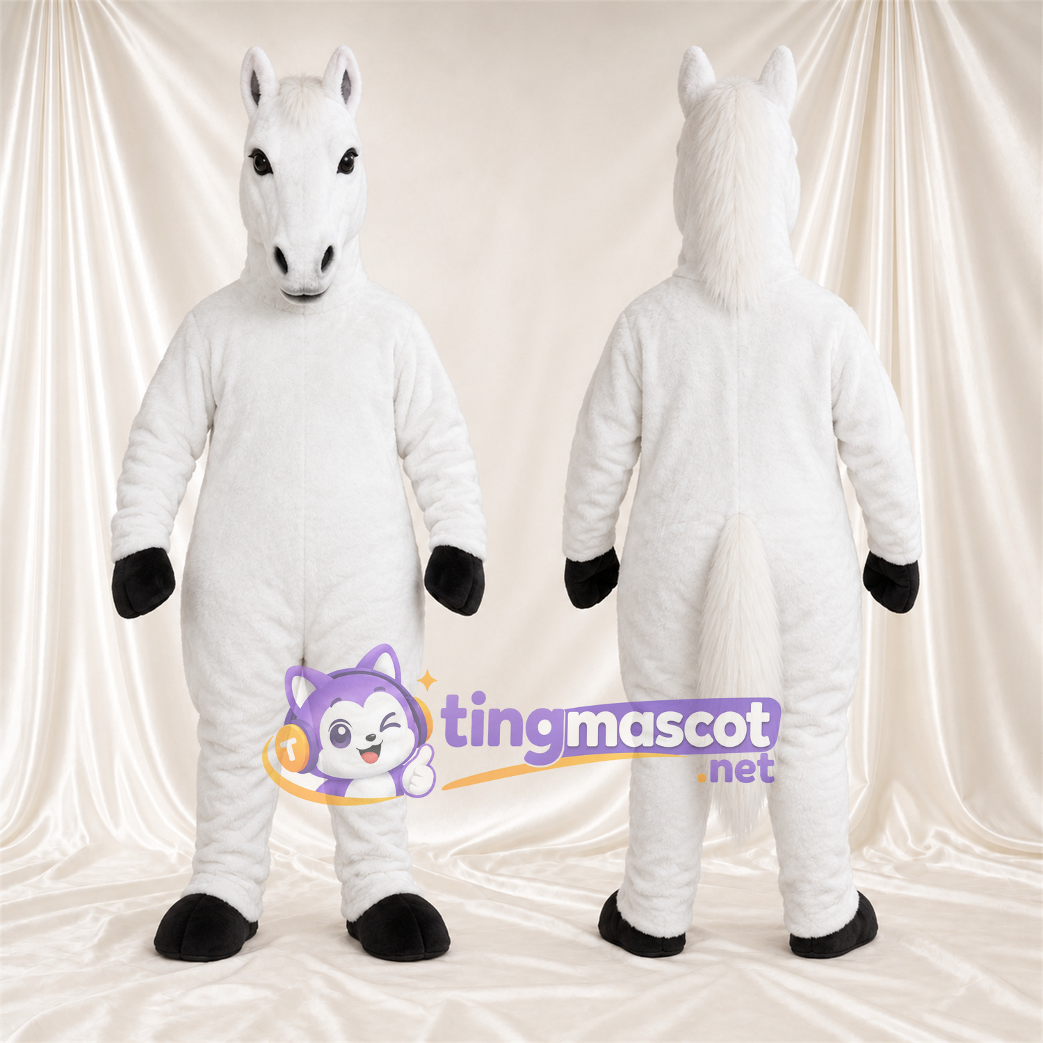 Costume de mascotte Cheval – blanc – Sabots (noir); Crinière (blanc) Costume de mascotte Cheval – blanc – Sabots (noir); Crinière (blanc)