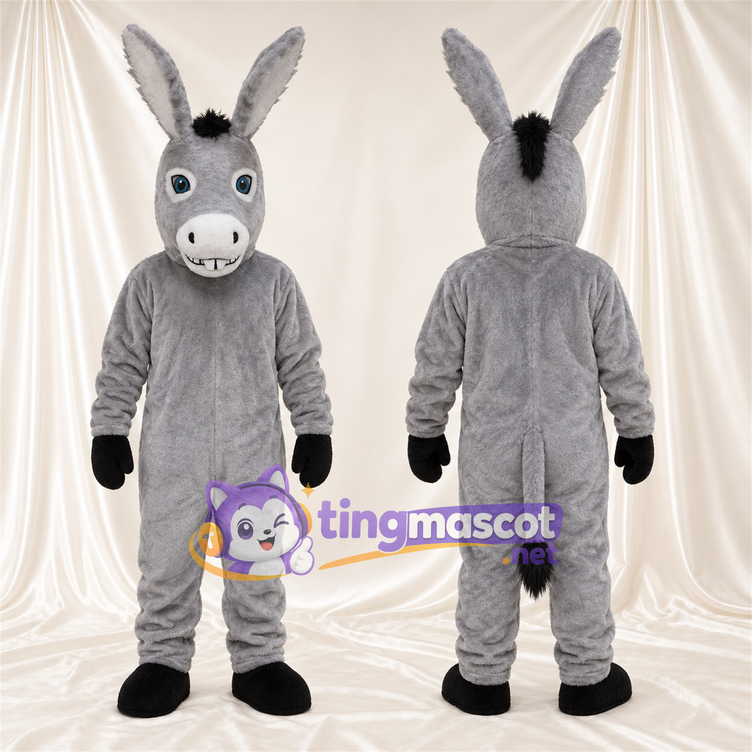 Costume de mascotte Âne – gris – Gants (noir); Museau (blanc) Costume de mascotte Âne – gris – Gants (noir); Museau (blanc)