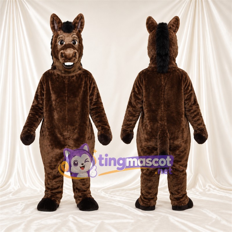 Costume de mascotte Âne – marron – Crinière (noir); Sourire avec dents