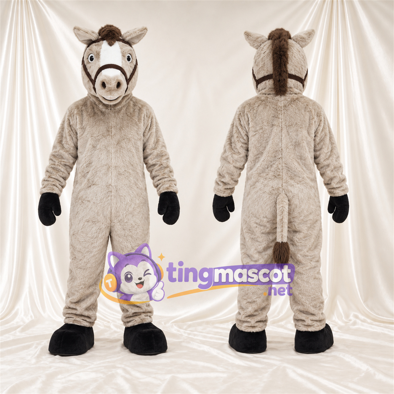 Beige Donkey Mascot Costume - Brown Bridle Beige Donkey Mascot Costume - Brown Bridle