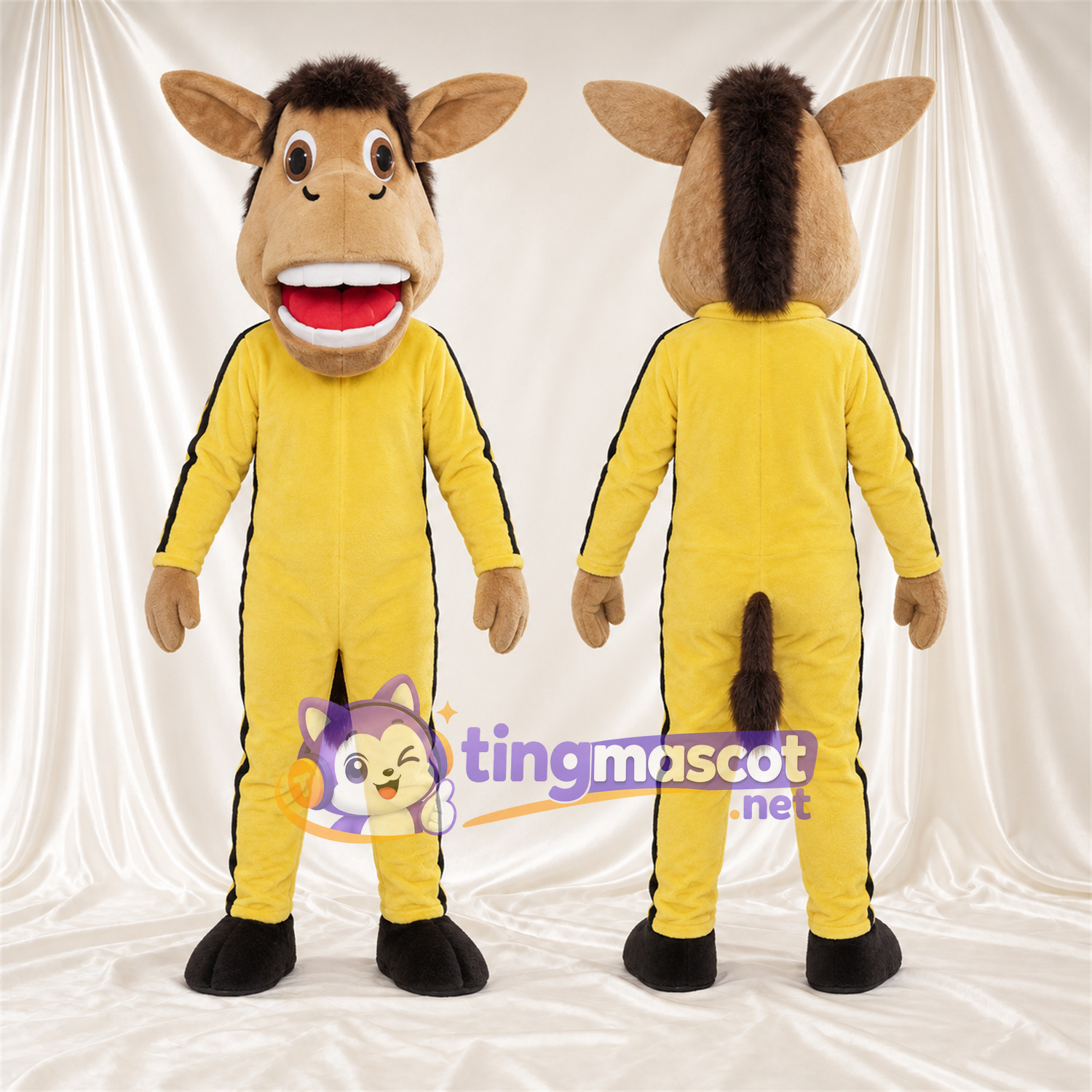 Costume de mascotte Âne – marron – Survêtement (jaune) Costume de mascotte Âne – marron – Survêtement (jaune)