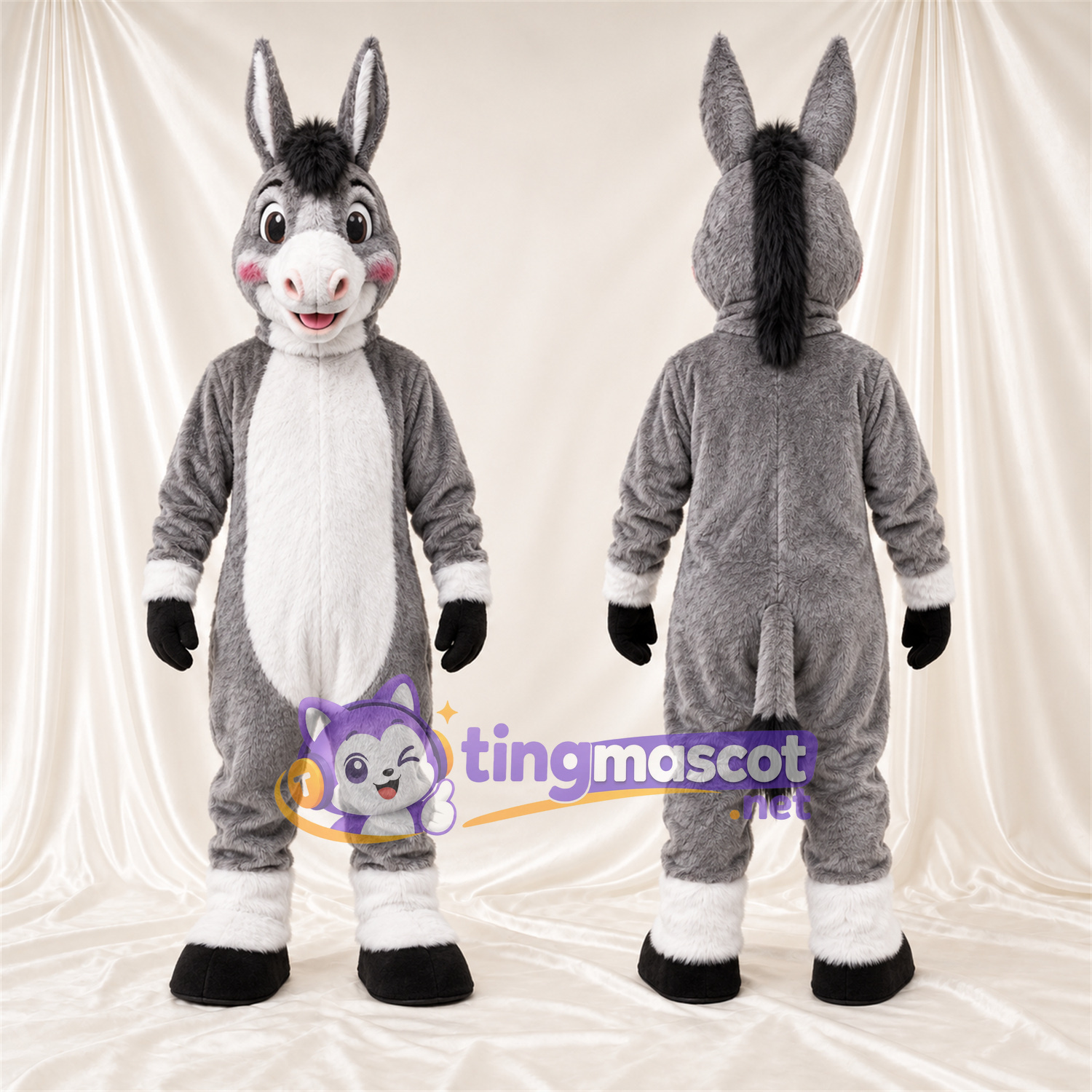 Costume de mascotte Âne – gris – Ventre (blanc); Bordures aux chevilles (blanc) Costume de mascotte Âne – gris – Ventre (blanc); Bordures aux chevilles (blanc)