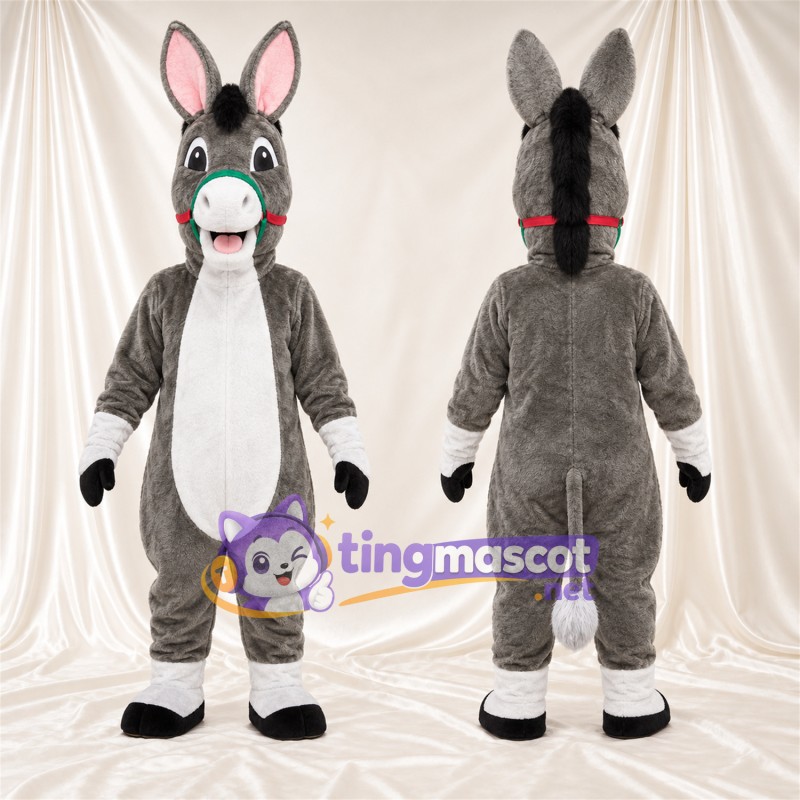 Costume de mascotte Âne – gris – Ventre (blanc); Bride (rouge)