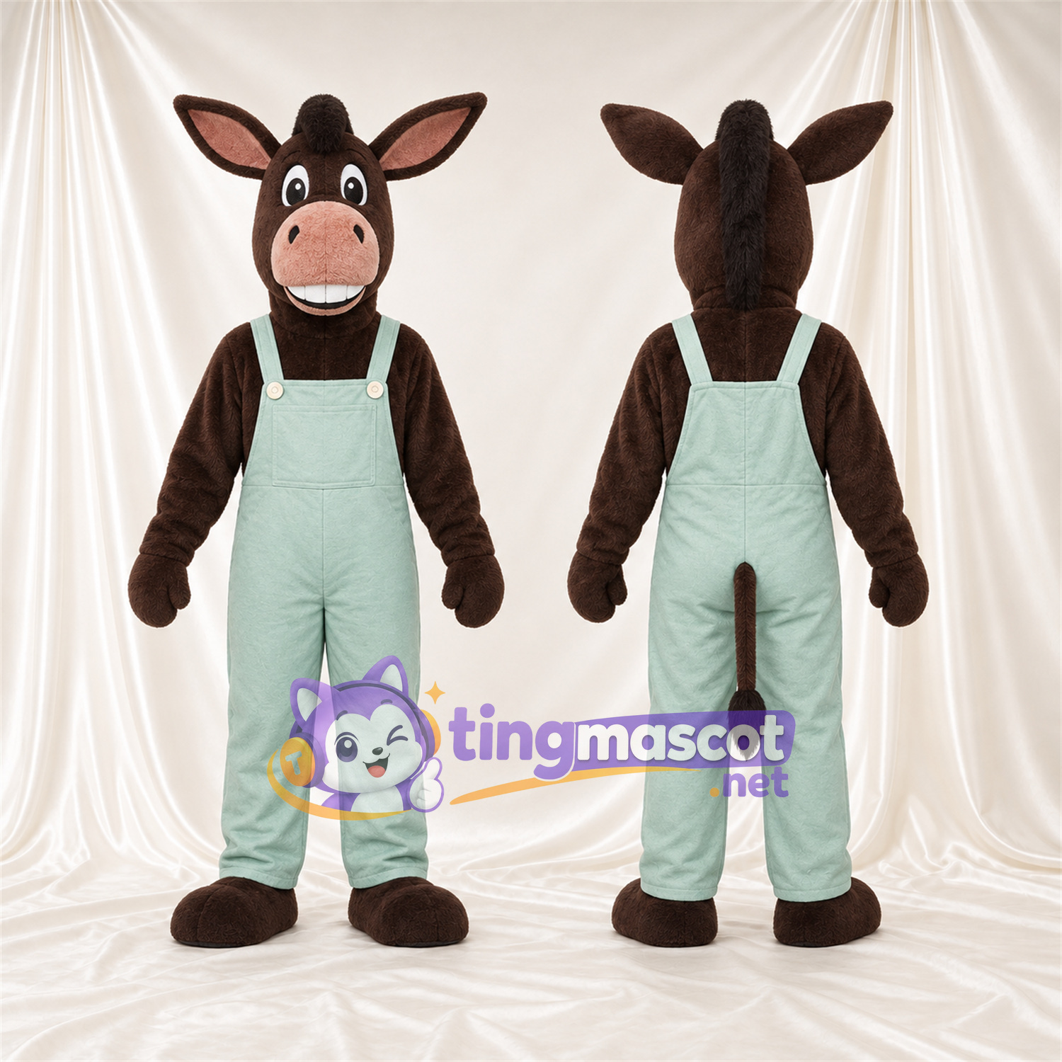 Costume de mascotte Âne – marron foncé – Salopette (vert menthe) Costume de mascotte Âne – marron foncé – Salopette (vert menthe)