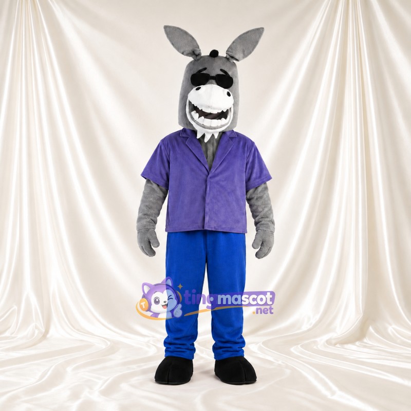 Costume de mascotte Âne – gris – Chemise à col (violet); Pantalon (bleu) Costume de mascotte Âne – gris – Chemise à col (violet); Pantalon (bleu)