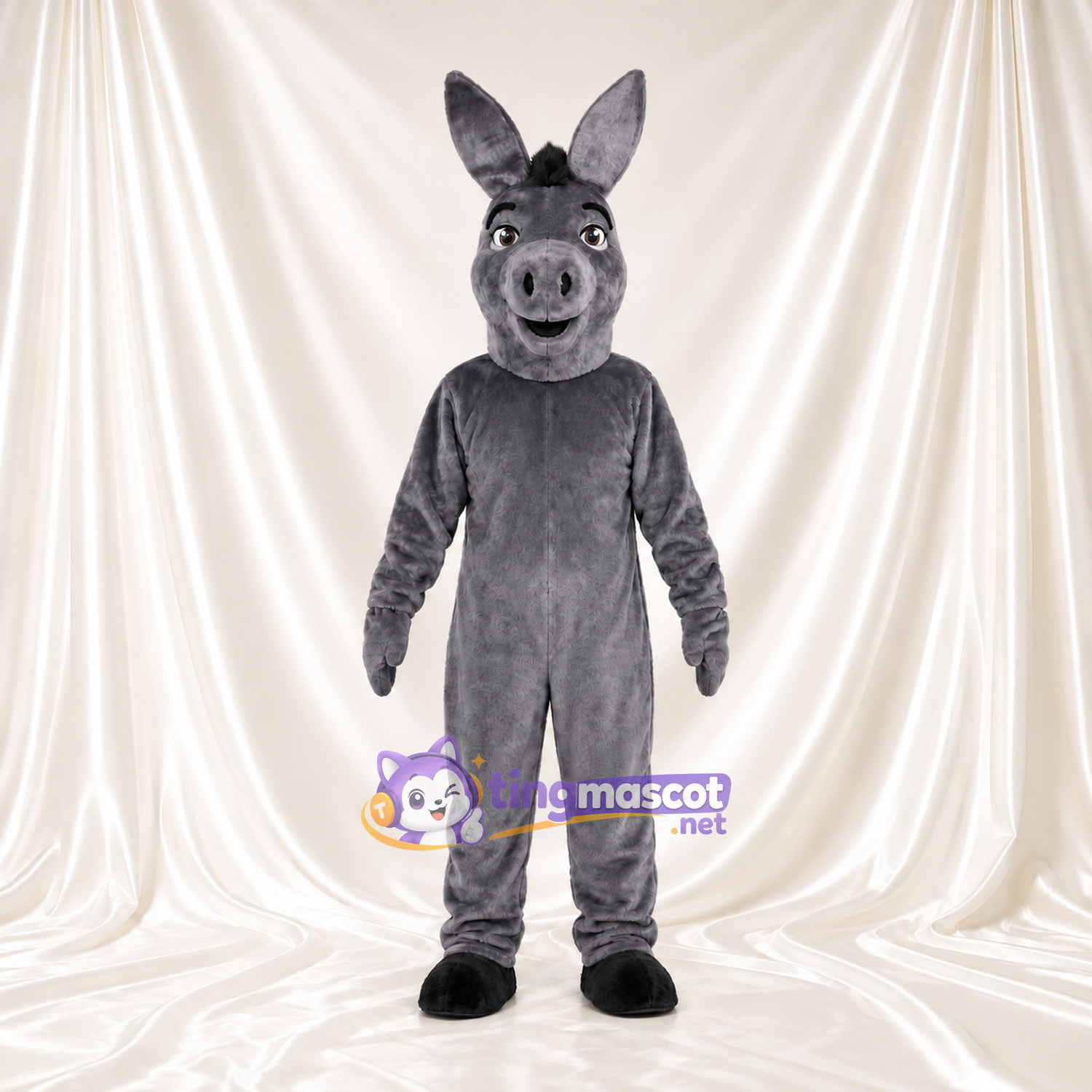 Maskottchenkostüm Esel – dunkelgrau – Schnauze (lächelnd); Hufe (schwarz) Maskottchenkostüm Esel – dunkelgrau – Schnauze (lächelnd); Hufe (schwarz)