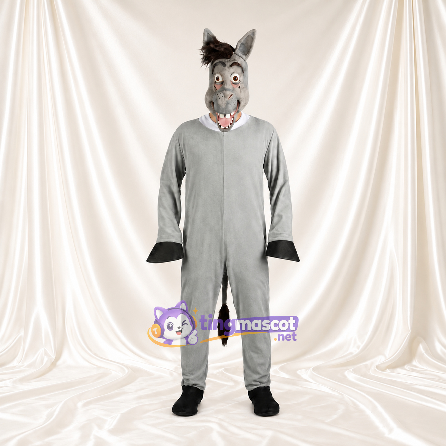 Costume de mascotte Âne – gris – Crinière (hirsute); Museau allongé Costume de mascotte Âne – gris – Crinière (hirsute); Museau allongé