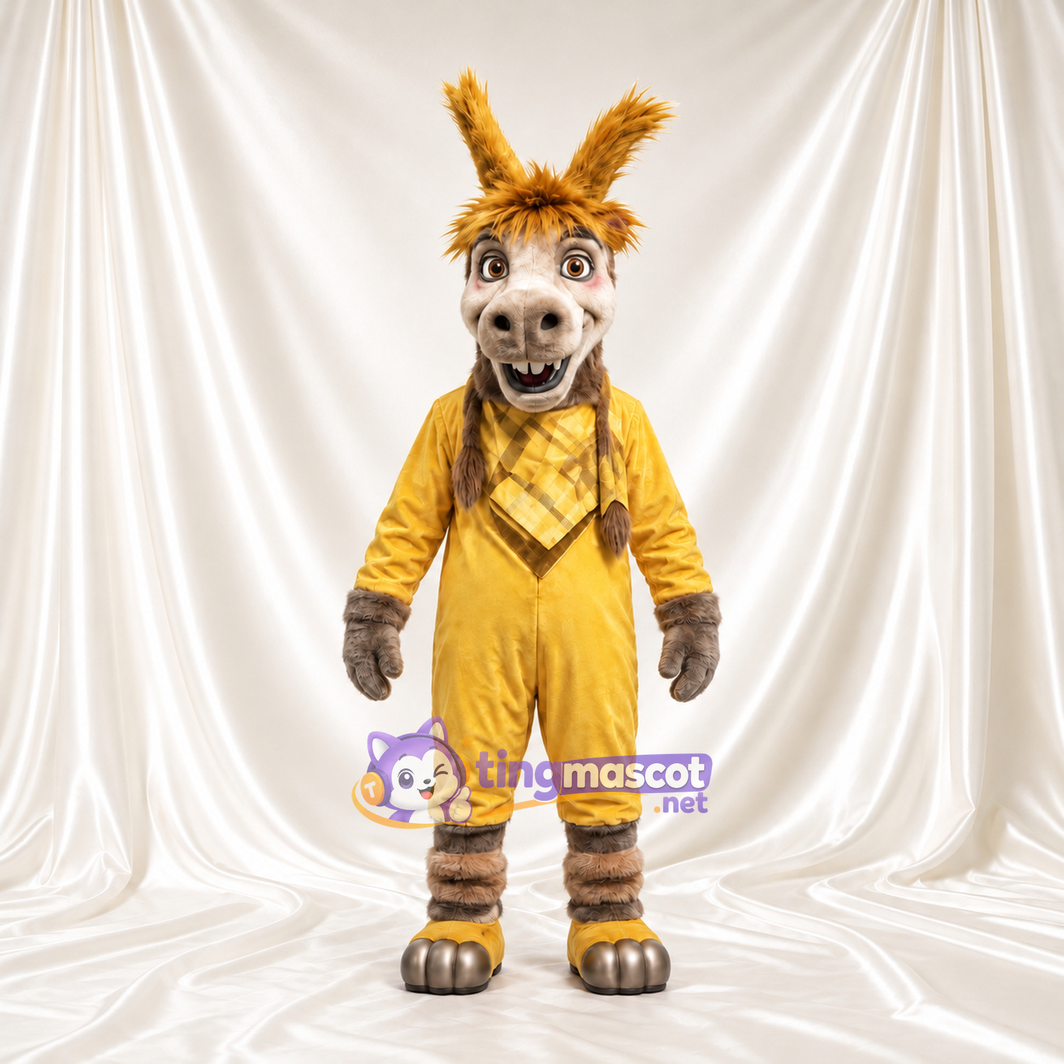 Costume de mascotte Âne – selon la photo – Salopette (jaune); Écharpe (à carreaux) Costume de mascotte Âne – selon la photo – Salopette (jaune); Écharpe (à carreaux)