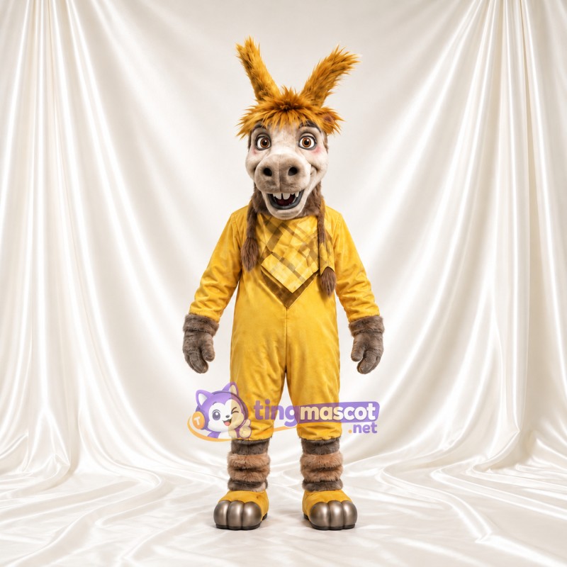 Costume de mascotte Âne – selon la photo – Salopette (jaune); Écharpe (à carreaux) Costume de mascotte Âne – selon la photo – Salopette (jaune); Écharpe (à carreaux)