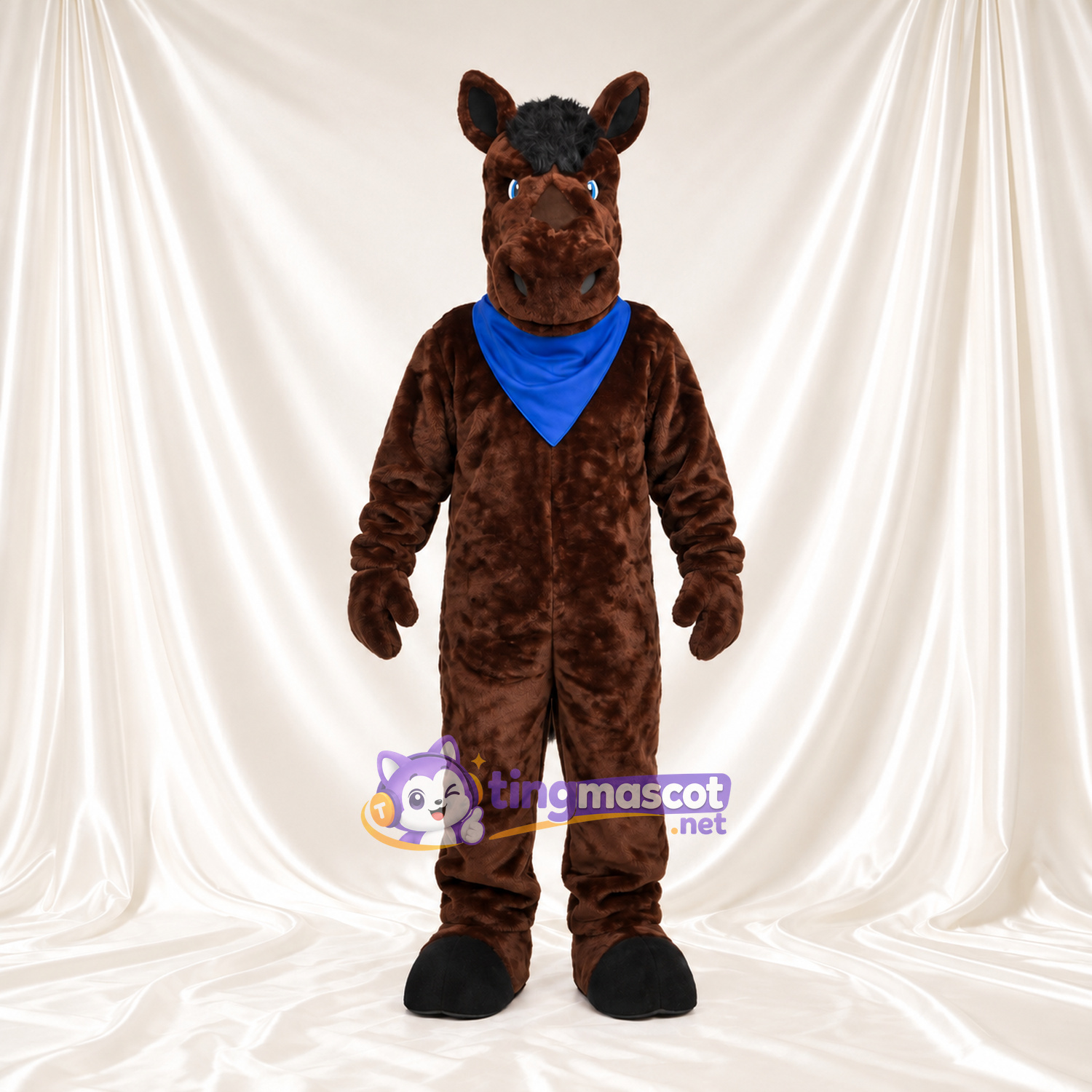 Costume de mascotte Cheval – marron foncé – Bandana (bleu) Costume de mascotte Cheval – marron foncé – Bandana (bleu)