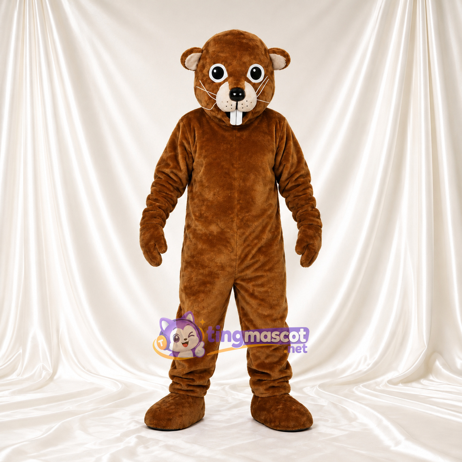 Costume de mascotte Castor – marron – Grandes incisives (blanc); Yeux (rond)