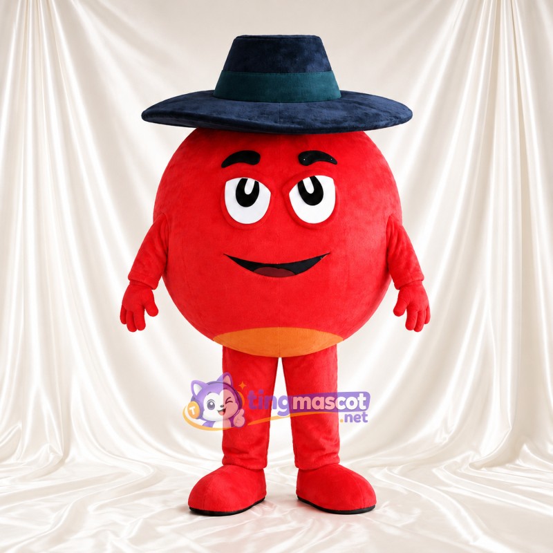 Costume de mascotte Personnage rond – rouge – Chapeau (bleu foncé, large) Costume de mascotte Personnage rond – rouge – Chapeau (bleu foncé, large)