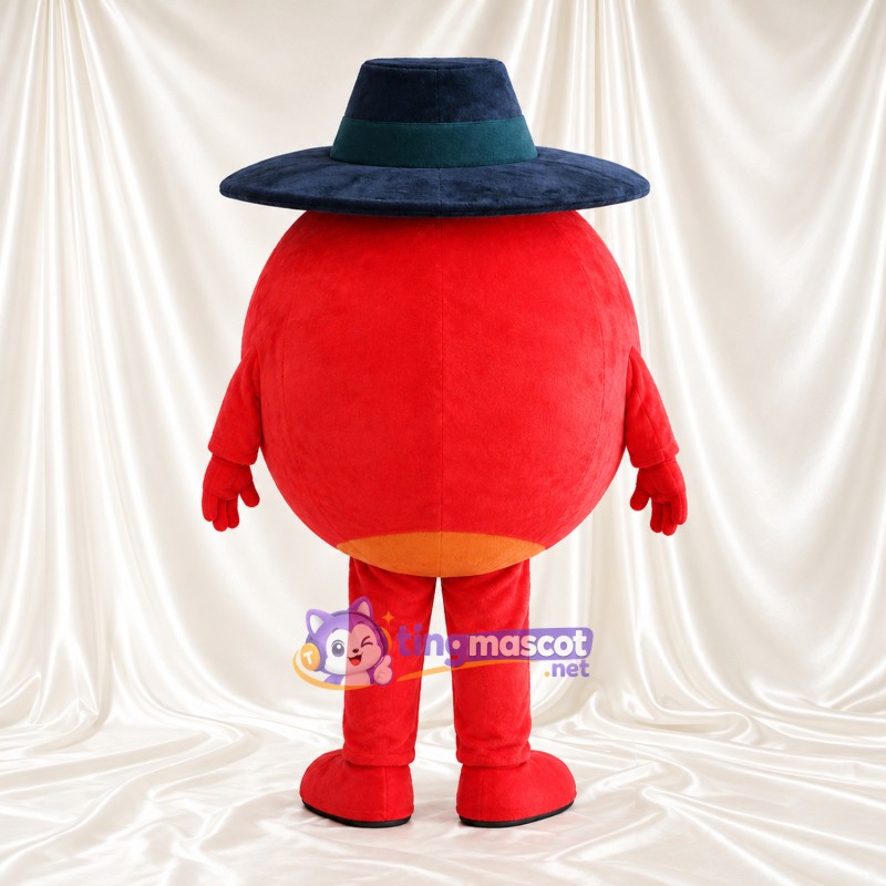 Costume de mascotte Personnage rond – rouge – Chapeau (bleu foncé, large) Costume de mascotte Personnage rond – rouge – Chapeau (bleu foncé, large)