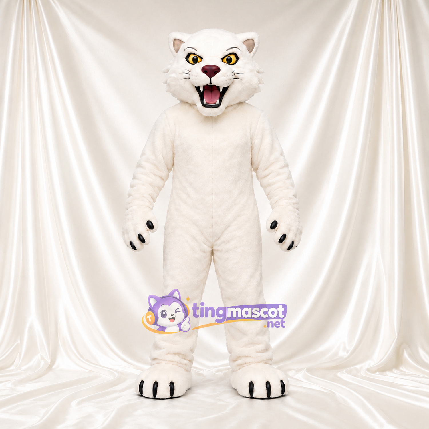 Costume de mascotte Chat sauvage – blanc – Yeux (jaune); Bouche à crocs (ouvert) Costume de mascotte Chat sauvage – blanc – Yeux (jaune); Bouche à crocs (ouvert)