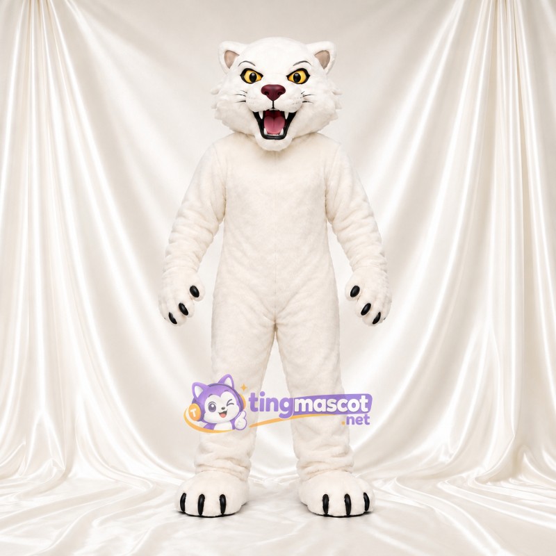 Costume de mascotte Chat sauvage – blanc – Yeux (jaune); Bouche à crocs (ouvert) Costume de mascotte Chat sauvage – blanc – Yeux (jaune); Bouche à crocs (ouvert)