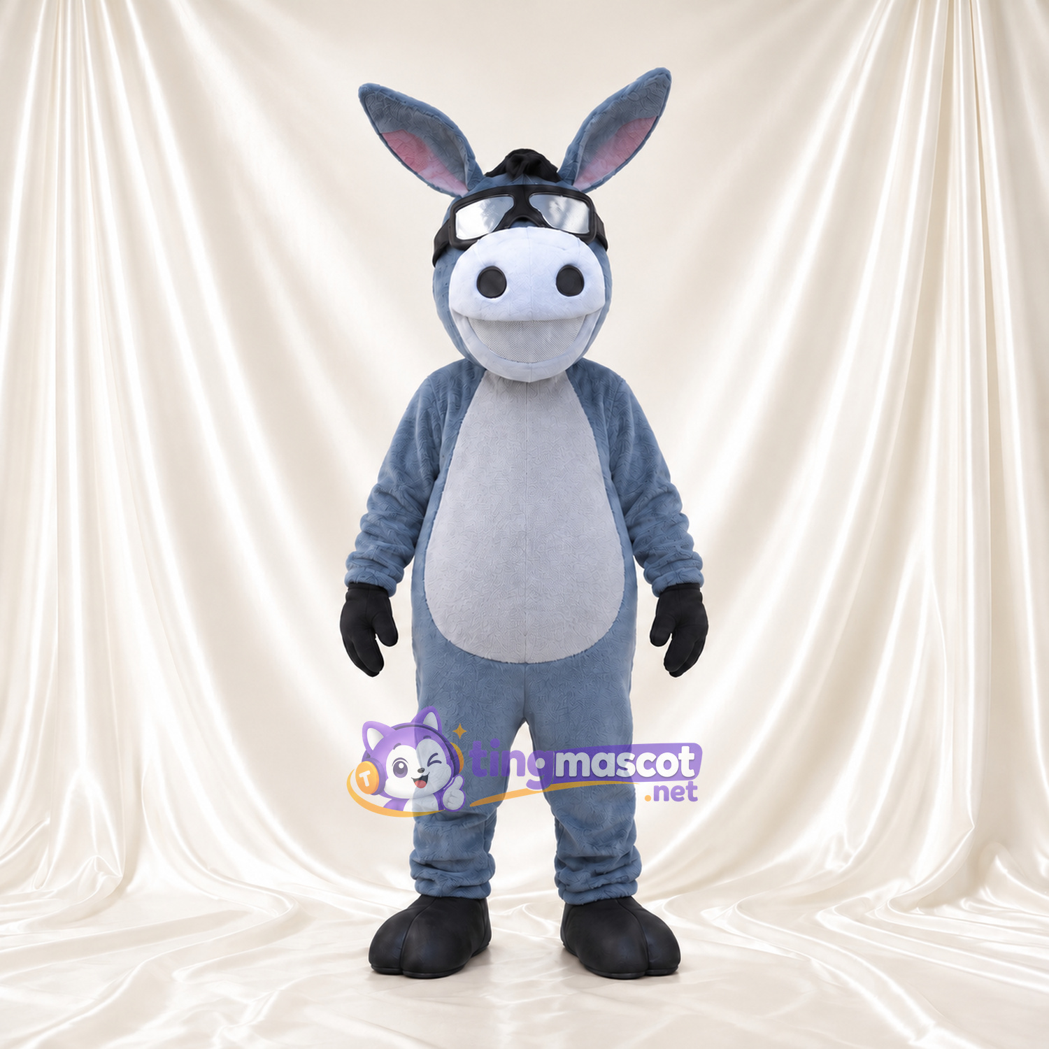Blue-Gray Donkey Mascot Costume - Black Goggles and Rounded White Muzzle Blue-Gray Donkey Mascot Costume - Black Goggles and Rounded White Muzzle
