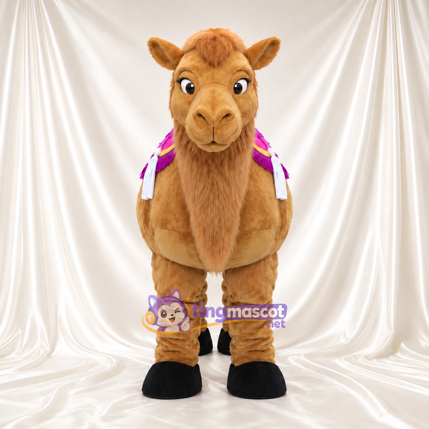 Brown Camel Mascot Costume - Purple Saddle Blanket and White Tassels Brown Camel Mascot Costume - Purple Saddle Blanket and White Tassels