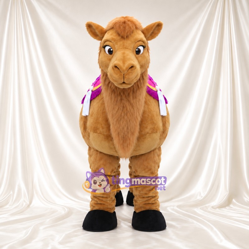 Brown Camel Mascot Costume - Purple Saddle Blanket and White Tassels Brown Camel Mascot Costume - Purple Saddle Blanket and White Tassels