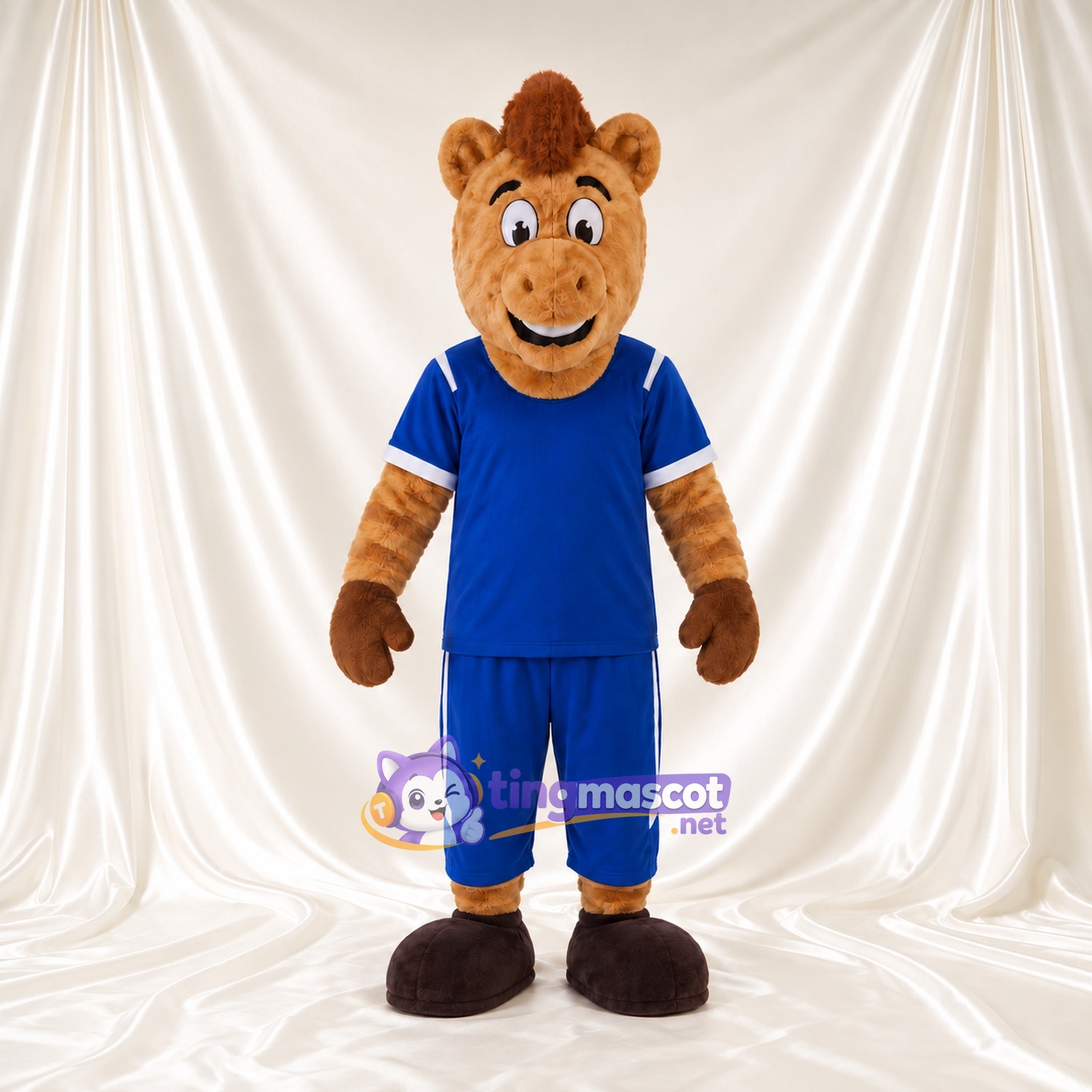 Brown Camel Mascot Costume - Blue Sports Shirt and Cropped Pants Brown Camel Mascot Costume - Blue Sports Shirt and Cropped Pants
