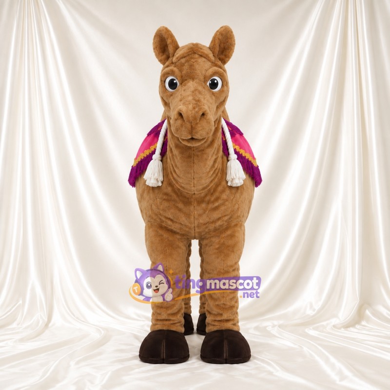 Brown Camel Mascot Costume - Pink and Purple Saddle Blanket Brown Camel Mascot Costume - Pink and Purple Saddle Blanket