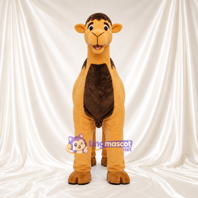 Costume de mascotte Chameau – doré – Ventre (marron foncé); Visage souriant Costume de mascotte Chameau – doré – Ventre (marron foncé); Visage souriant