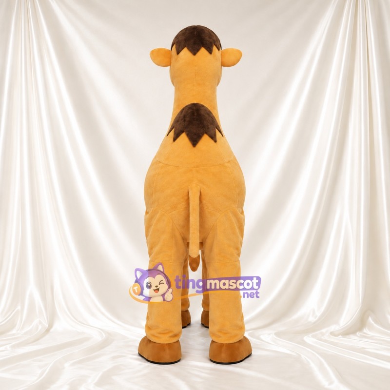 Costume de mascotte Chameau – doré – Ventre (marron foncé); Visage souriant Costume de mascotte Chameau – doré – Ventre (marron foncé); Visage souriant