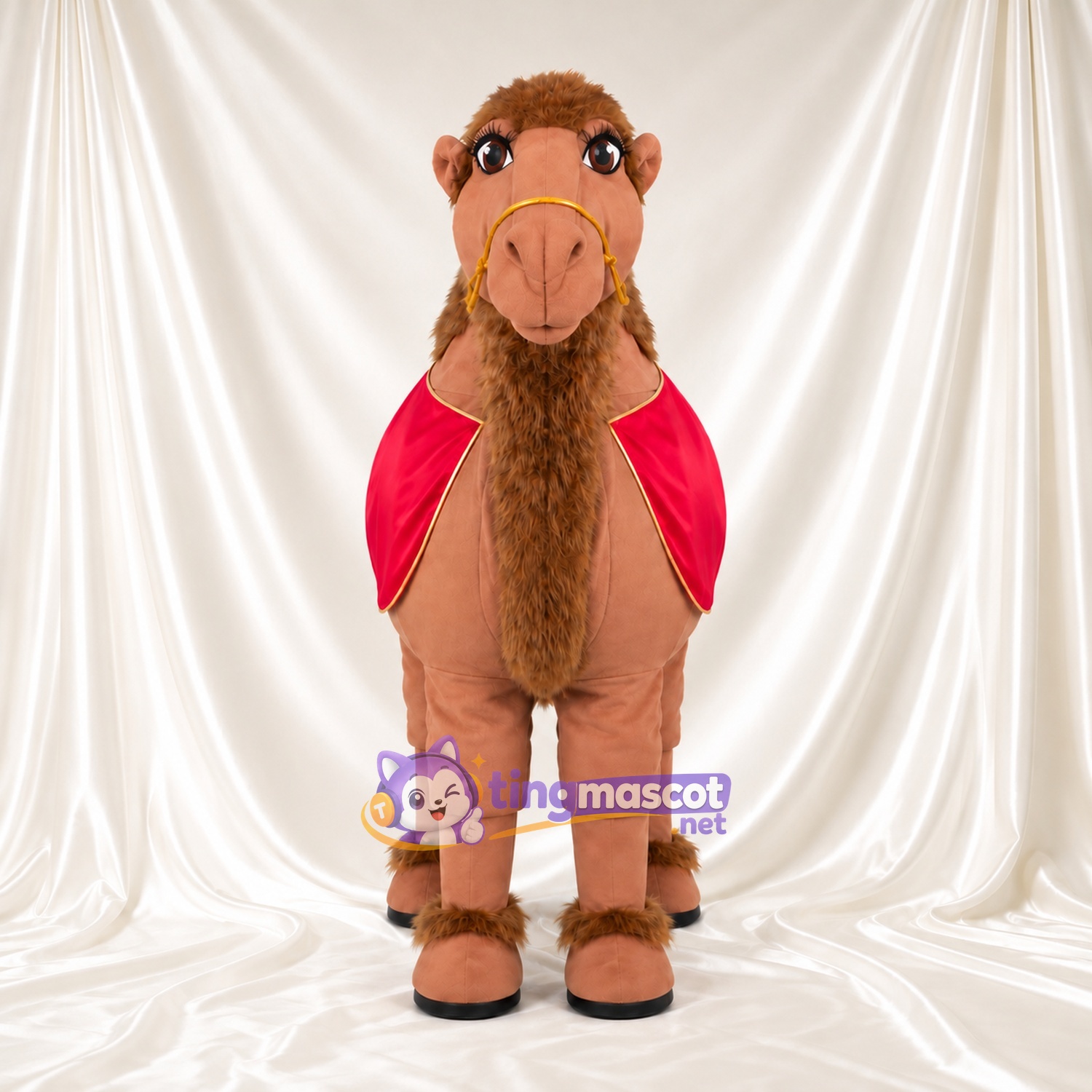 Brown Camel Mascot Costume - Red Cape and Shaggy Beard Brown Camel Mascot Costume - Red Cape and Shaggy Beard