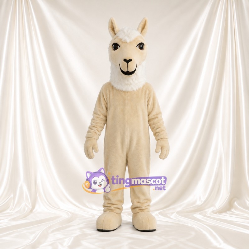 Maskottchenkostüm Lama – creme – Haarschopf (weiß); Nase (schwarz) Maskottchenkostüm Lama – creme – Haarschopf (weiß); Nase (schwarz)