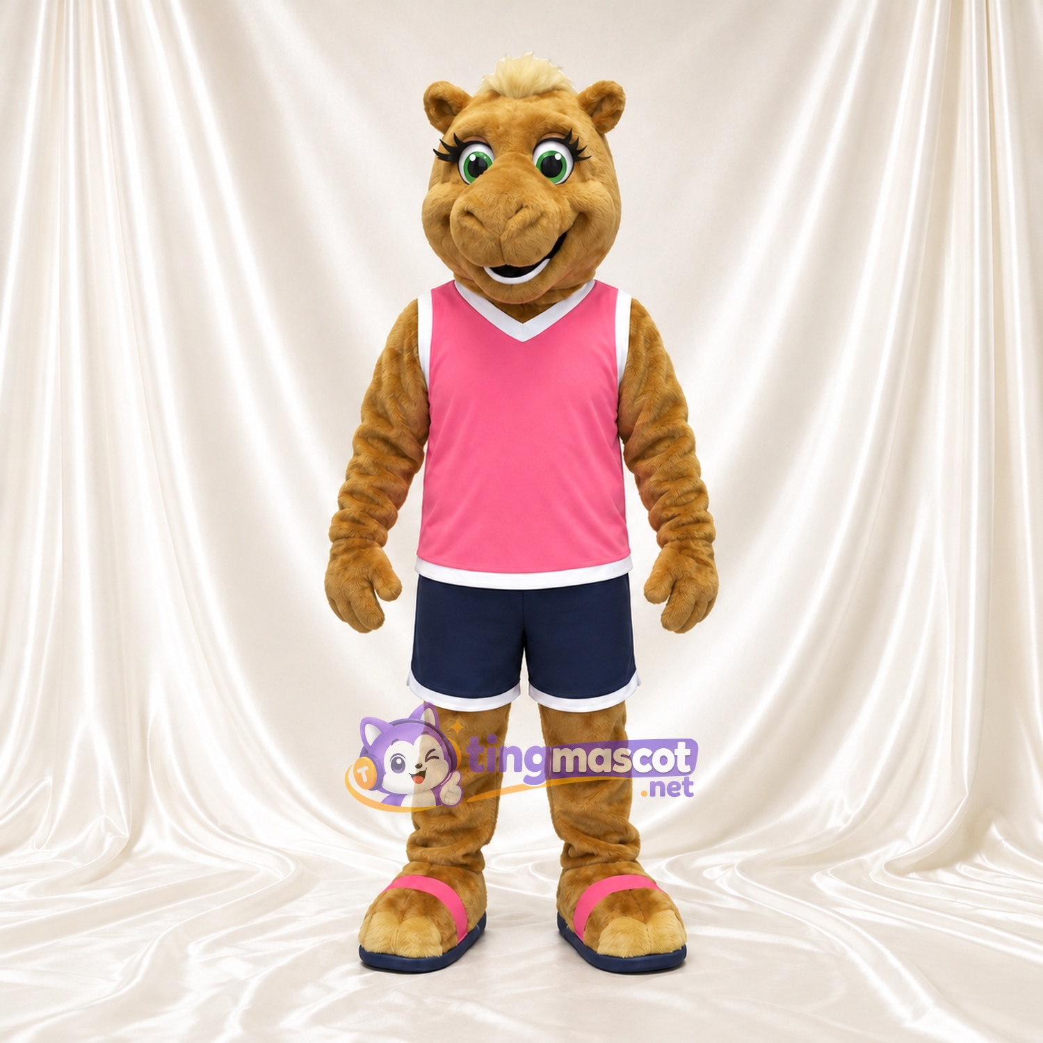 Brown Camel Mascot Costume - Pink Sports Vest and Navy Shorts Brown Camel Mascot Costume - Pink Sports Vest and Navy Shorts