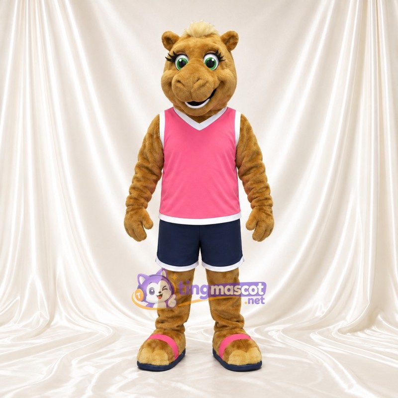 Brown Camel Mascot Costume - Pink Sports Vest and Navy Shorts Brown Camel Mascot Costume - Pink Sports Vest and Navy Shorts