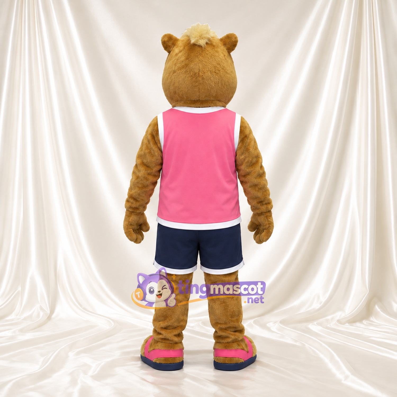 Brown Camel Mascot Costume - Pink Sports Vest and Navy Shorts Brown Camel Mascot Costume - Pink Sports Vest and Navy Shorts
