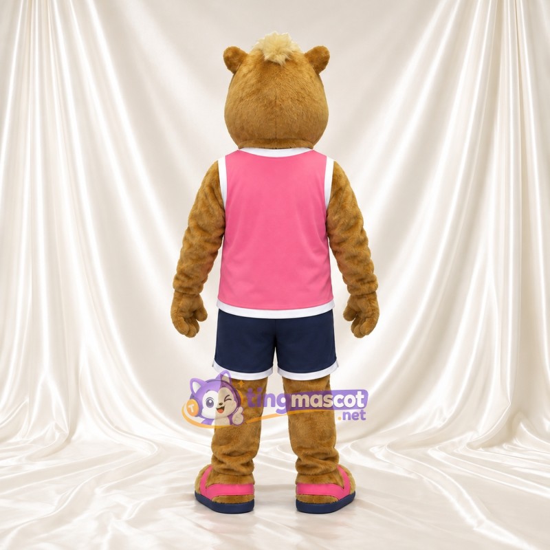 Brown Camel Mascot Costume - Pink Sports Vest and Navy Shorts Brown Camel Mascot Costume - Pink Sports Vest and Navy Shorts