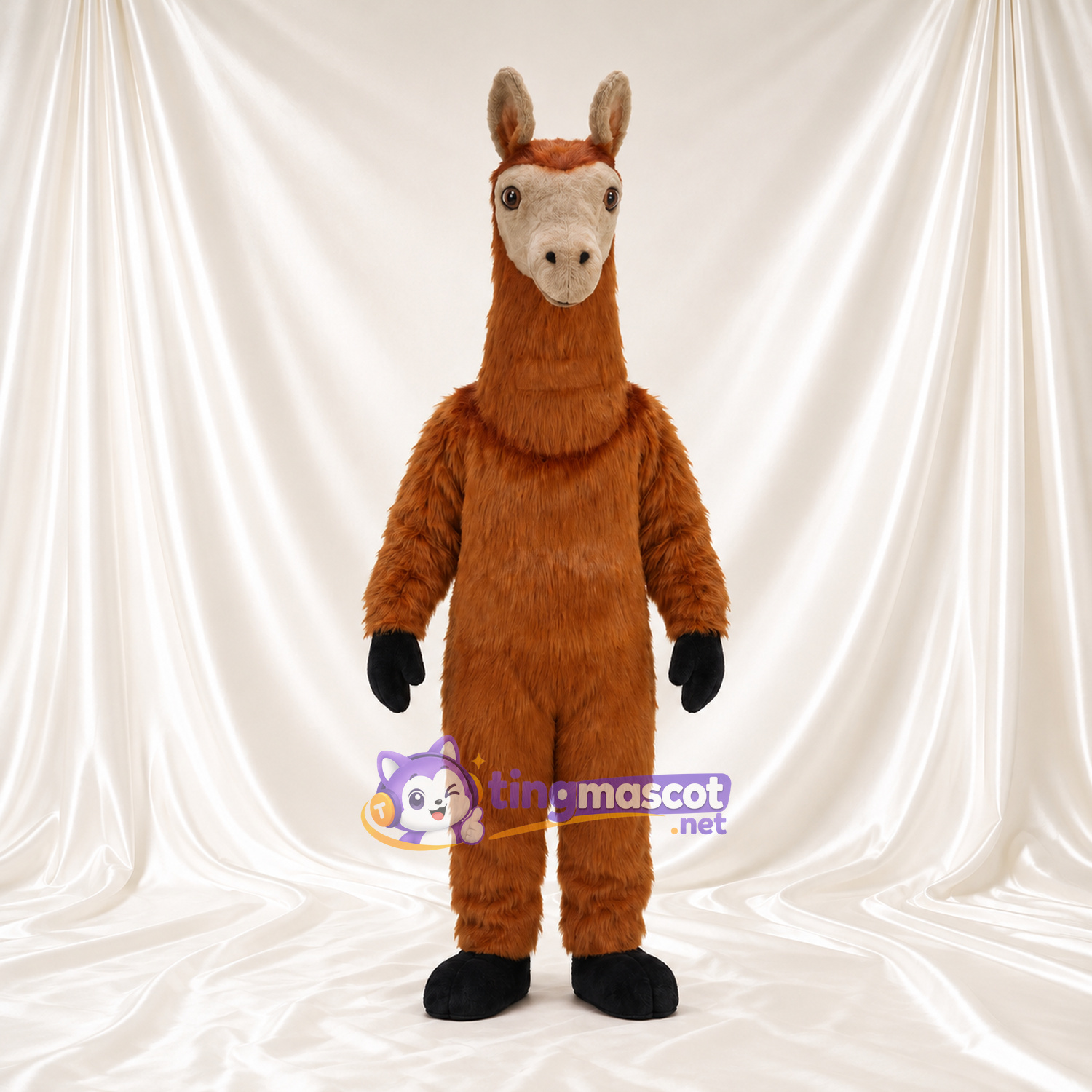 Maskottchenkostüm Lama – braun – Schnauze (weiß); Hufe (schwarz) Maskottchenkostüm Lama – braun – Schnauze (weiß); Hufe (schwarz)