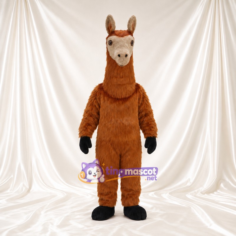 Maskottchenkostüm Lama – braun – Schnauze (weiß); Hufe (schwarz) Maskottchenkostüm Lama – braun – Schnauze (weiß); Hufe (schwarz)