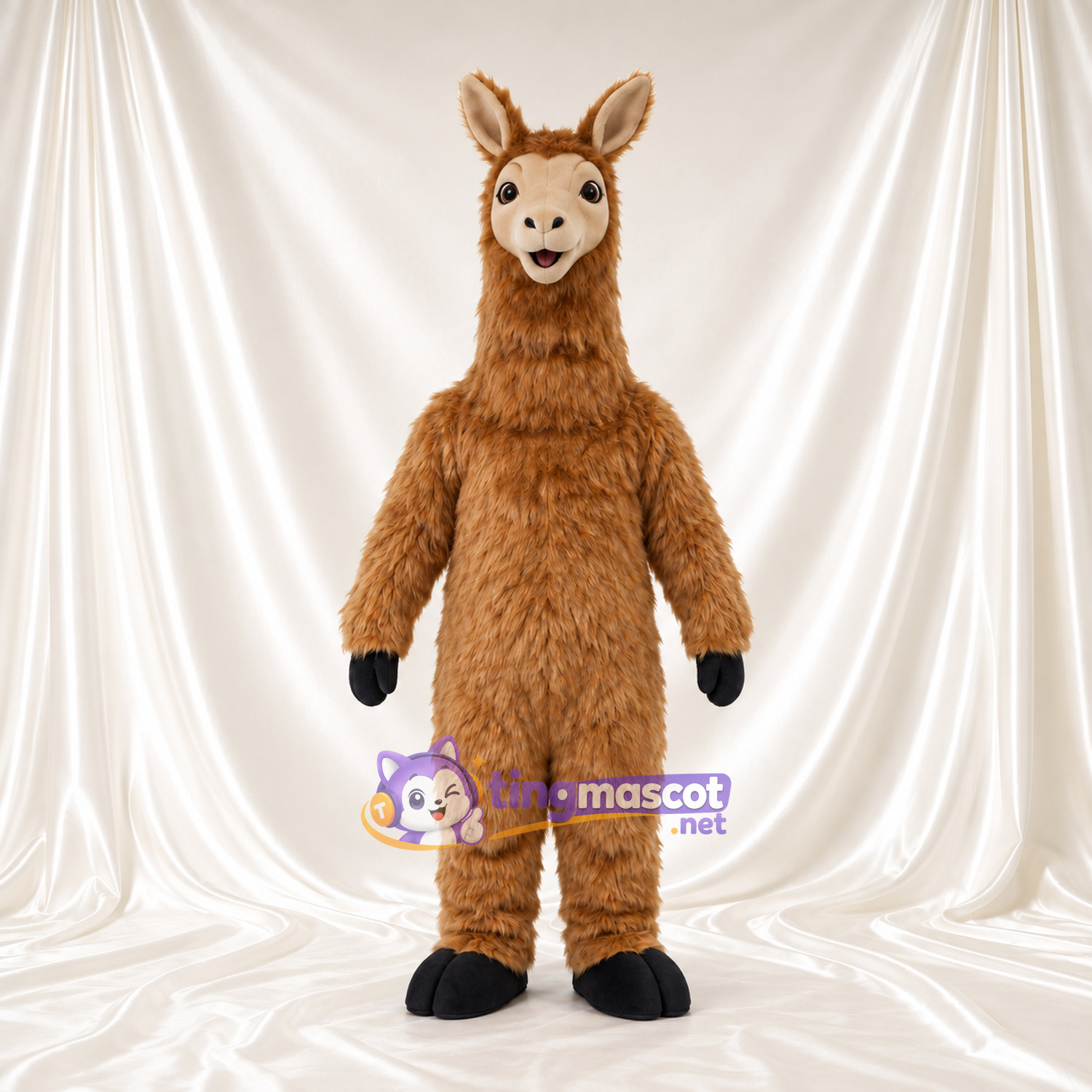 Maskottchenkostüm Lama – braun – Gesicht (weiß); Körper (zottelig) Maskottchenkostüm Lama – braun – Gesicht (weiß); Körper (zottelig)