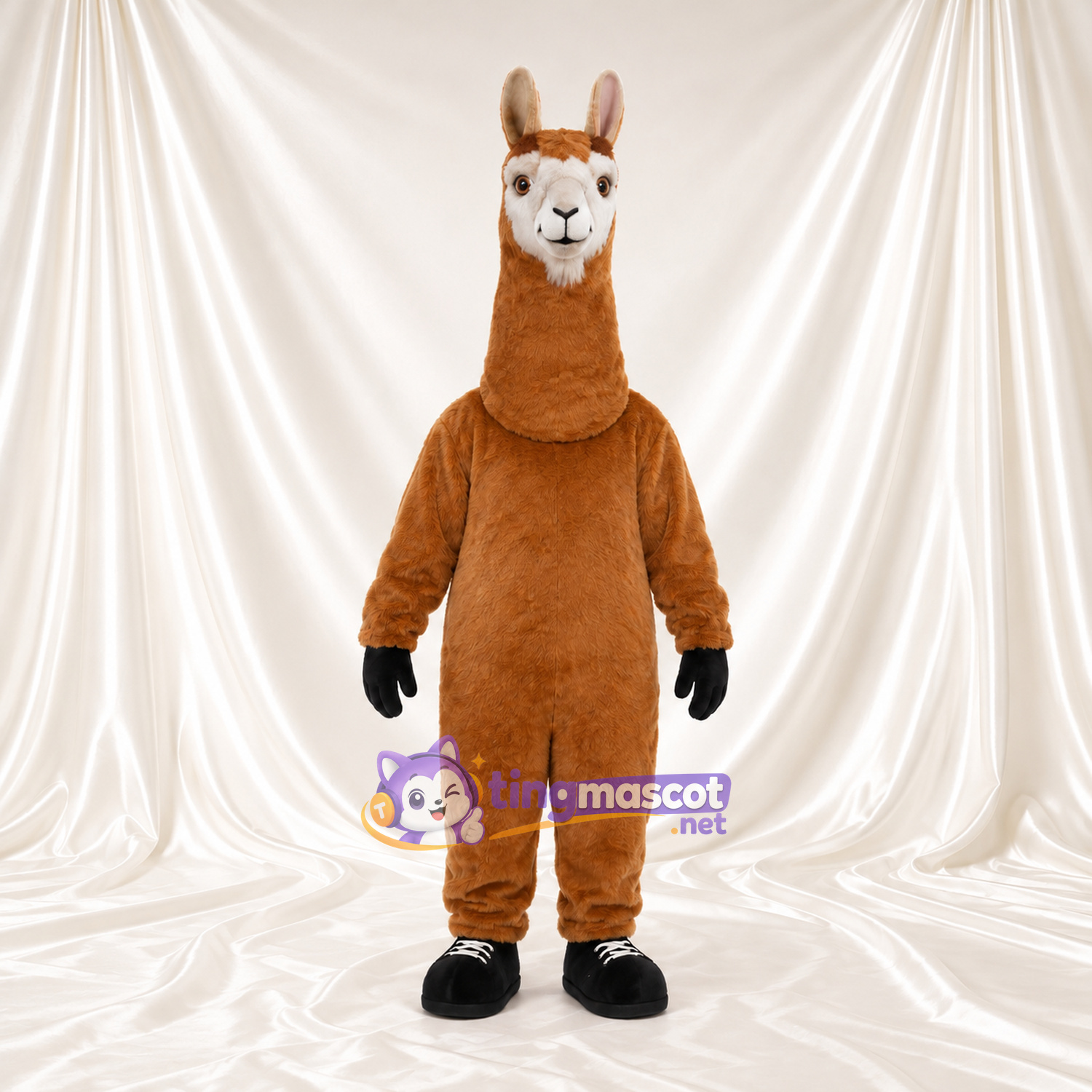 Maskottchenkostüm Lama – braun – Schnauze (weiß); Schuhe (schwarz) Maskottchenkostüm Lama – braun – Schnauze (weiß); Schuhe (schwarz)