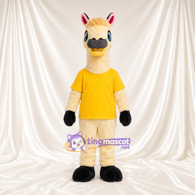 Maskottchenkostüm Lama – creme – T-Shirt (gelb); Schnauze (schwarz) Maskottchenkostüm Lama – creme – T-Shirt (gelb); Schnauze (schwarz)