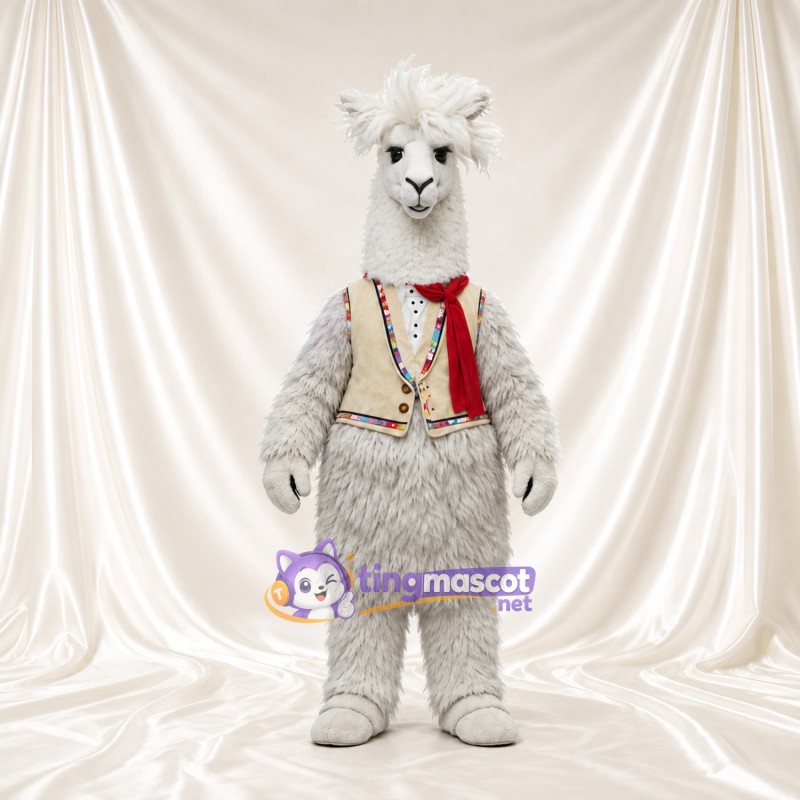Costume de mascotte Alpaga – gris – Gilet (crème); Écharpe (rouge) Costume de mascotte Alpaga – gris – Gilet (crème); Écharpe (rouge)