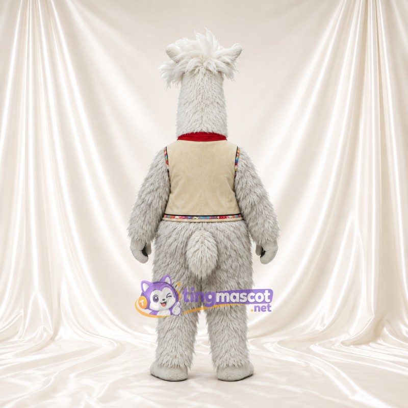 Costume de mascotte Alpaga – gris – Gilet (crème); Écharpe (rouge) Costume de mascotte Alpaga – gris – Gilet (crème); Écharpe (rouge)