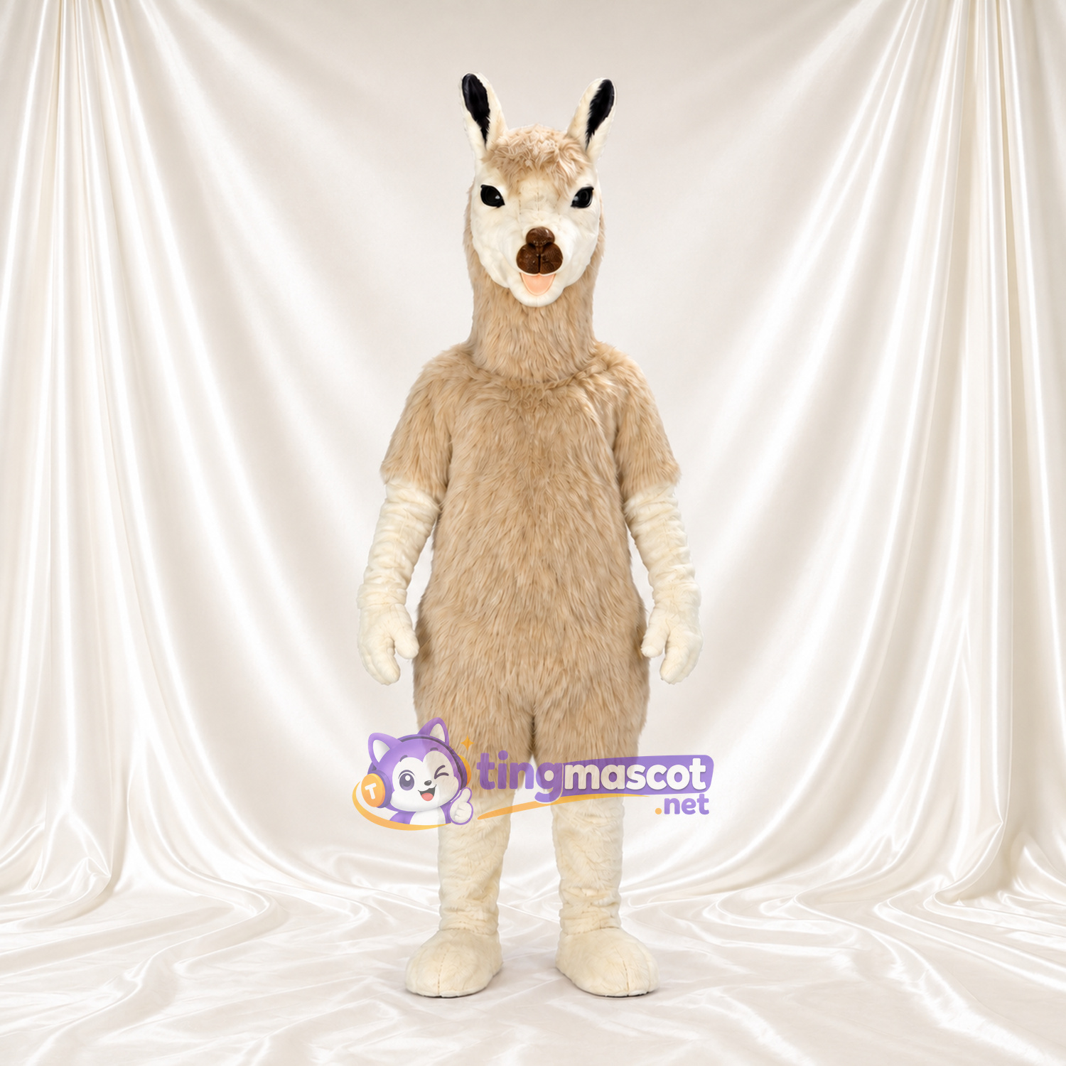Beige Llama Mascot Costume - White Face and Black Ear Tips Beige Llama Mascot Costume - White Face and Black Ear Tips