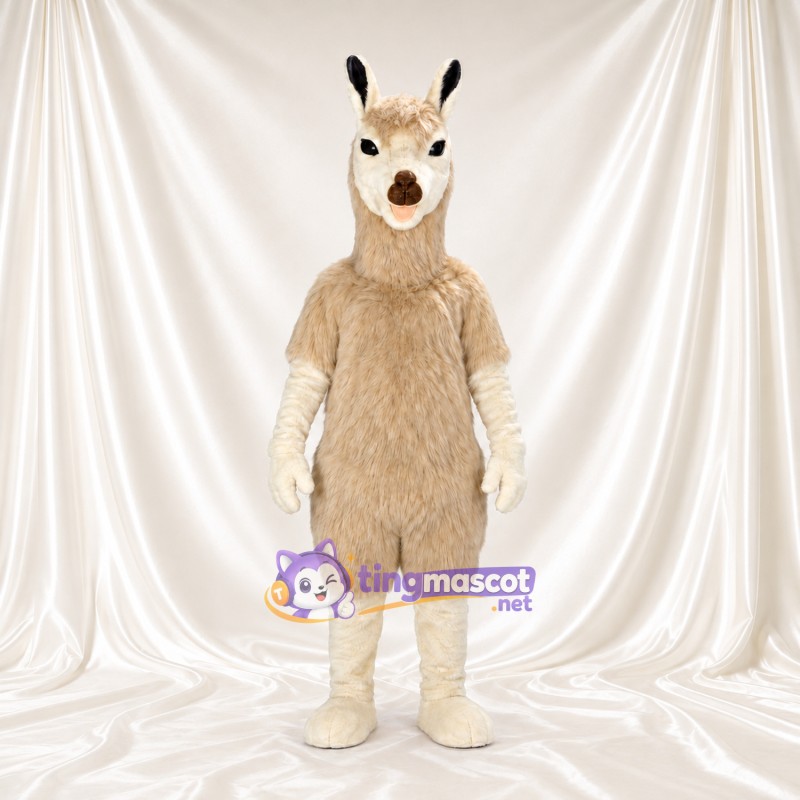 Beige Llama Mascot Costume - White Face and Black Ear Tips Beige Llama Mascot Costume - White Face and Black Ear Tips