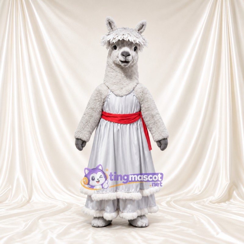 Costume de mascotte Alpaga – gris – Robe (blanc); Écharpe en bandoulière (rouge) Costume de mascotte Alpaga – gris – Robe (blanc); Écharpe en bandoulière (rouge)