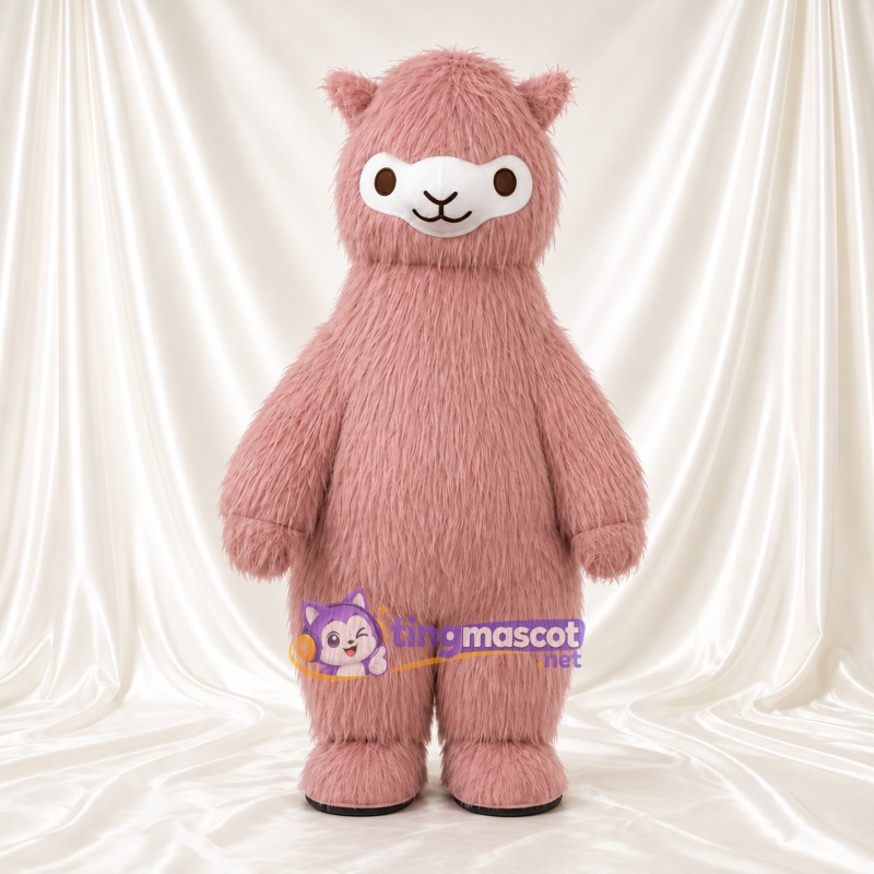 Maskottchenkostüm Alpaka – rosa – Gesicht (weiß); Kleine runde Ohren Maskottchenkostüm Alpaka – rosa – Gesicht (weiß); Kleine runde Ohren