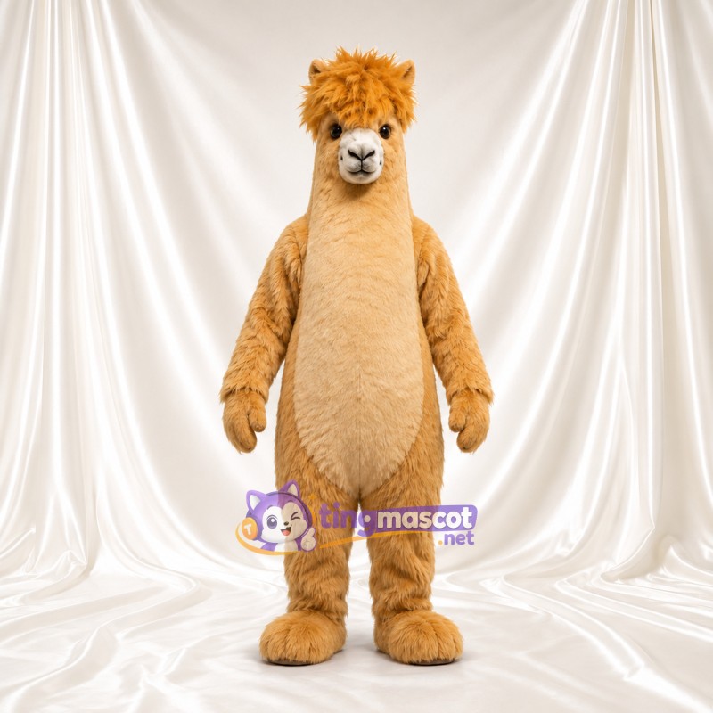 Costume de mascotte Alpaga – brun clair – Touffe de cheveux (hirsute); Ventre (crème) Costume de mascotte Alpaga – brun clair – Touffe de cheveux (hirsute); Ventre (crème)