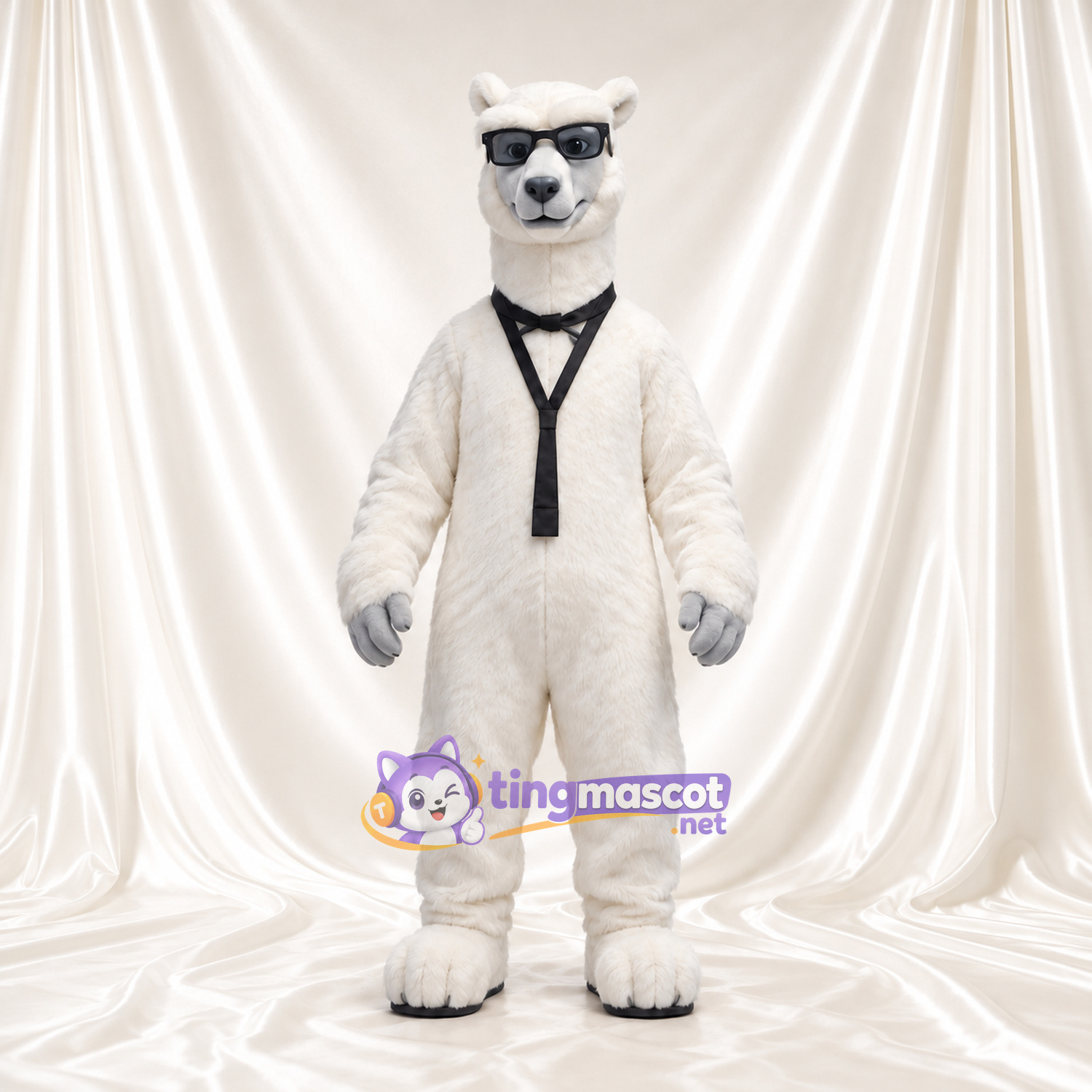 Costume de mascotte Alpaga – blanc – Cou (noir); Lunettes de soleil Costume de mascotte Alpaga – blanc – Cou (noir); Lunettes de soleil